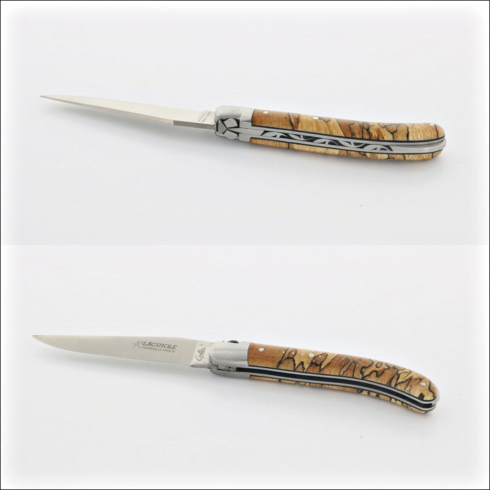 Laguiole Le Pocket Classic Burled Beech End Grain pocket knife, top-down view. Handcrafted details, 100% Made in France.