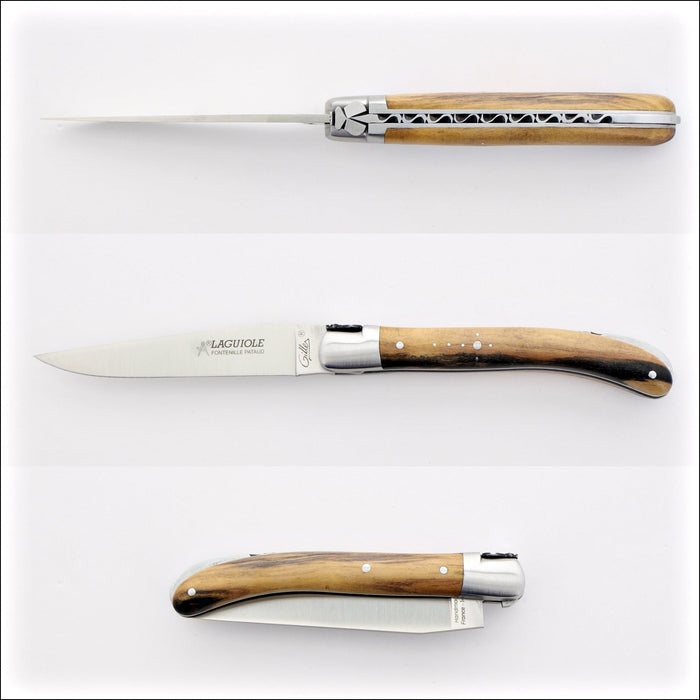 Laguiole Le Pocket Classic Royal Ebony Handle, top-down view of open knife with wood handle. Handcrafted details, 100% Made in France.