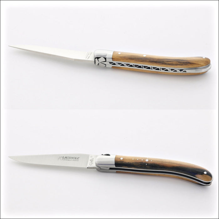 Laguiole Le Pocket Classic Royal Ebony Handle, close-up side view of two open pocket knives with light and dark ebony handles. Handcrafted details, 100% Made in France.