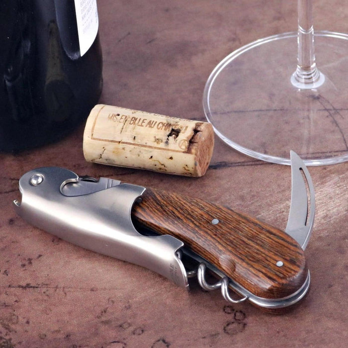 Laguiole Magnum Bocote Corkscrew, close-up of the stainless steel and bocote wood handle.