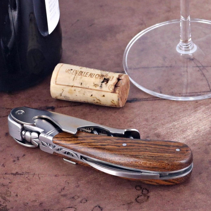 Laguiole Magnum Bocote Corkscrew, close-up side view of the elegant wood handle and stainless steel tools.