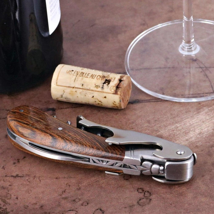 Laguiole Magnum Bocote Corkscrew, side view, showing wood grain handle, stainless steel, and foil cutter.