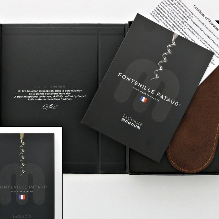 Laguiole Magnum Bocote Corkscrew - C, close-up of the black box and certificate with corkscrew logo.