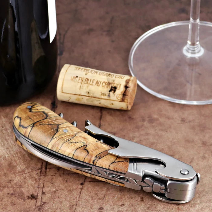 Laguiole Magnum Burled Beech Corkscrew, close-up of folded stainless steel and wood handle design.