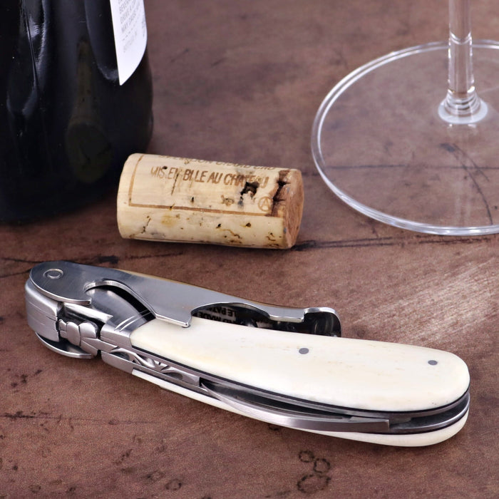 Laguiole Magnum Cattle Bone Handle Corkscrew, close-up of cream handle and polished steel.