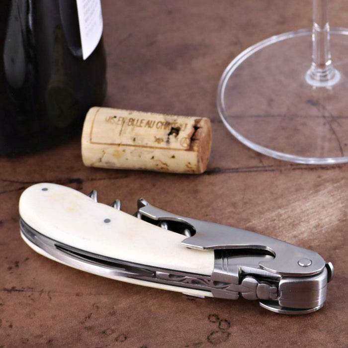 Laguiole Magnum Cattle Bone Handle Corkscrew, close-up of the elegant bone handle and stainless steel tools.