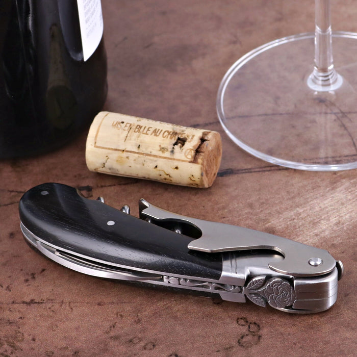 Laguiole Magnum Corkscrew Deco Rose - Ebony, close-up of the black handle with silver rose detail.