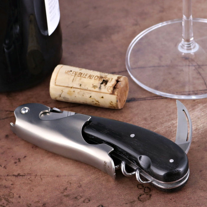 Laguiole Magnum Corkscrew Deco Rose - Ebony, close-up of dark wood handle and stainless steel tools.
