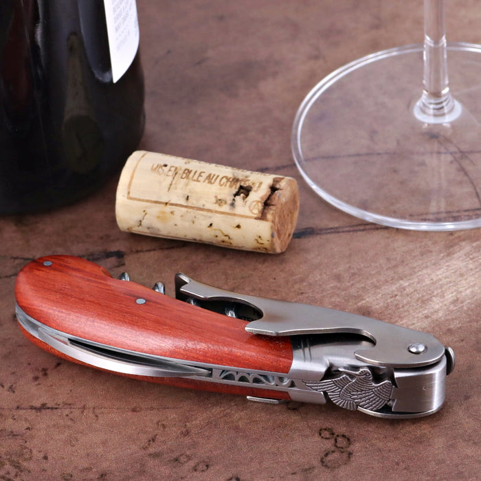 Laguiole Magnum Corkscrew Deco Woodcock - Rosewood, close-up of rosewood handle and silver woodcock detail.