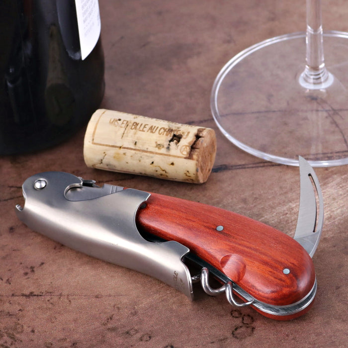 Laguiole Magnum Corkscrew Deco Woodcock - Rosewood, close-up of rosewood handle and stainless steel body.