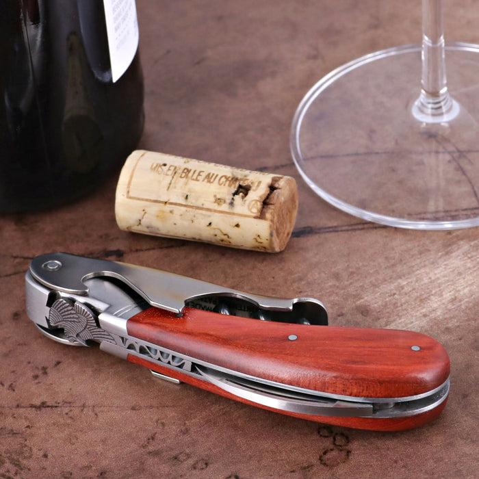 Laguiole Magnum Corkscrew Deco Woodcock - Rosewood, close-up of rosewood handle with woodcock design.
