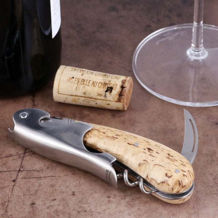 Laguiole Magnum Karelian Birch Corkscrew, close-up side view showing polished steel and wood handle.