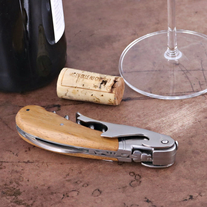 Laguiole Magnum Mahogany Corkscrew, close-up of natural wood handle, stainless steel, and cork.