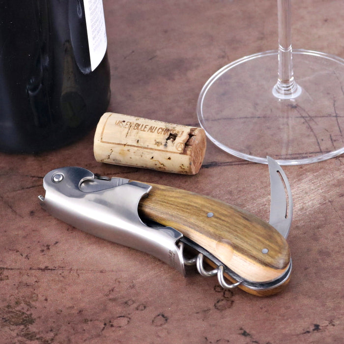 Laguiole Magnum Pistachio Corkscrew, close-up of wood handle, foil cutter, and worm.