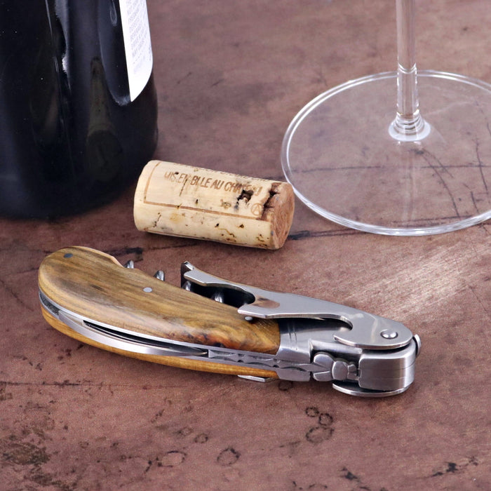 Laguiole Magnum Pistachio Corkscrew, close-up of wood handle and stainless steel mechanism.