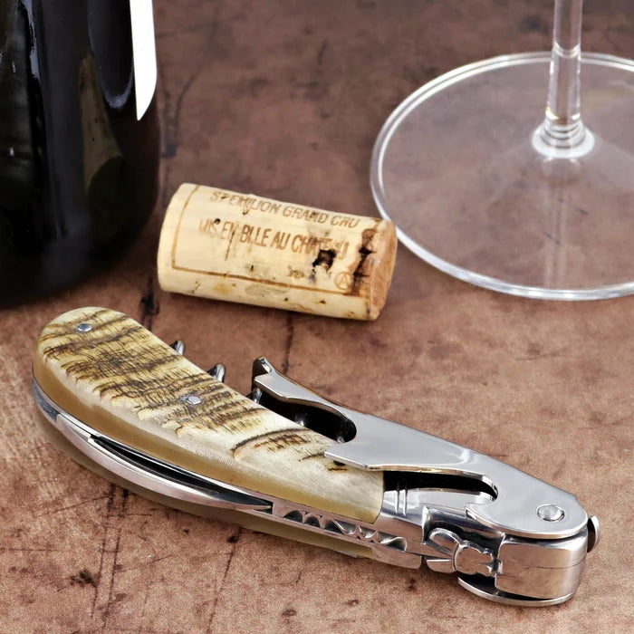 Laguiole Magnum Ram Horn Corkscrew, close-up of the polished steel and textured horn handle design.