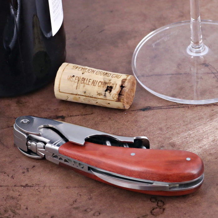 Laguiole Magnum Rosewood Corkscrew, side view of the elegant rosewood handle and stainless steel mechanism.