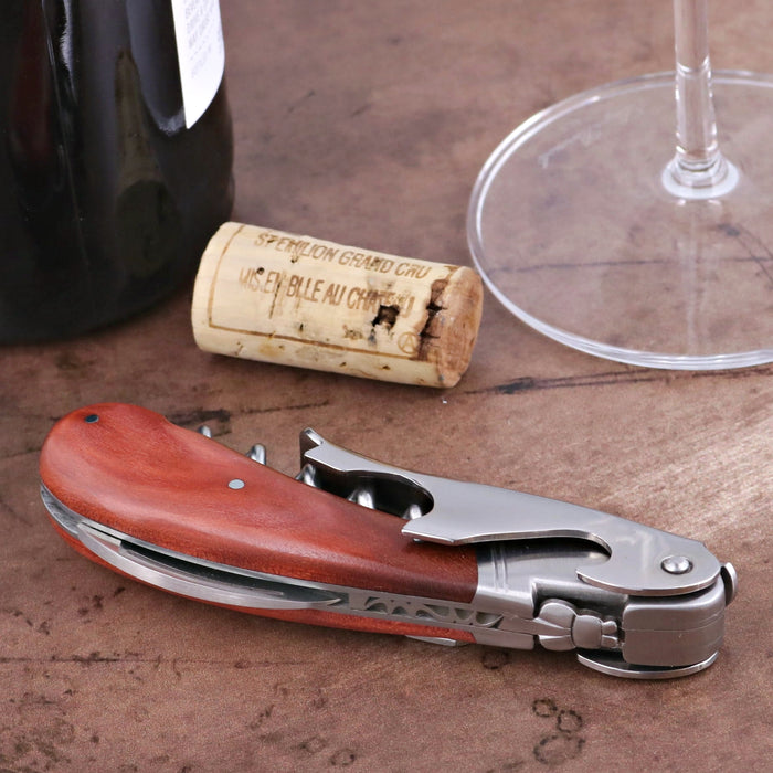 Laguiole Magnum Rosewood Corkscrew, side view of the elegant wood handle and stainless steel mechanism.