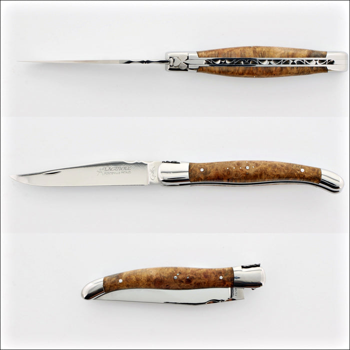 Laguiole Traditional 12 cm Knife Amboyna Burl, side view, open and closed. Handcrafted details, 100% Made in France.