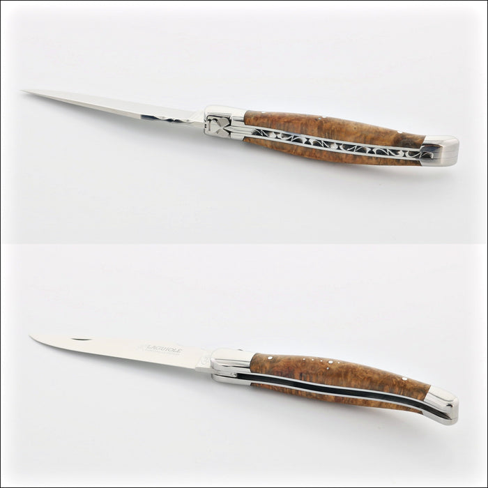 Laguiole Traditional 12 cm Knife Amboyna Burl, top-down view of the handle and open blade. Handcrafted details, 100% Made in France.