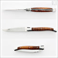 Laguiole Traditional 12 cm Knife Amourette, top-down view of the open knife, showing the intricate spring and wood handle. Handcrafted details, 100% Made in France.
