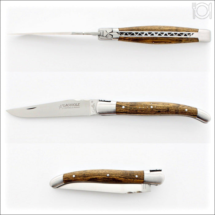 Laguiole Traditional 12 cm Knife Bocote, close-up of the elegant bocote wood handle and polished blade. Handcrafted details, 100% Made in France.
