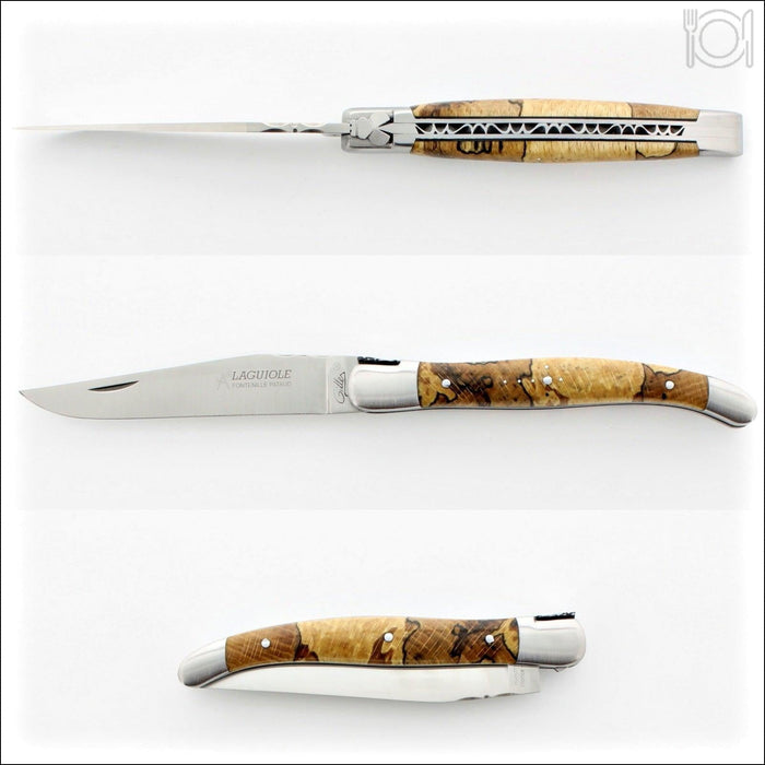 Laguiole Traditional 12 cm Knife, burled beech end grain handle, open and closed views. Handcrafted details, 100% Made in France.
