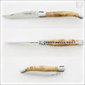 Laguiole Traditional 12 cm Knife Burled Poplar Burl, three views: open, side, and closed. Handcrafted details, 100% Made in France.