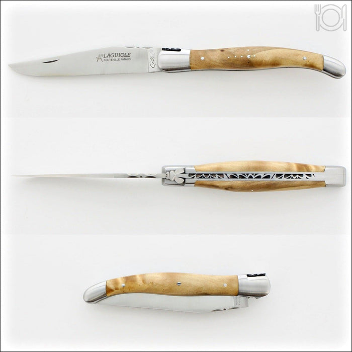 Laguiole Traditional 12 cm Knife Burled Poplar Burl, three views: open, side, and closed. Handcrafted details, 100% Made in France.