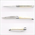 Laguiole Traditional 12 cm Knife Cattle Bone, side view of open blade and closed handle. Handcrafted details, 100% Made in France.