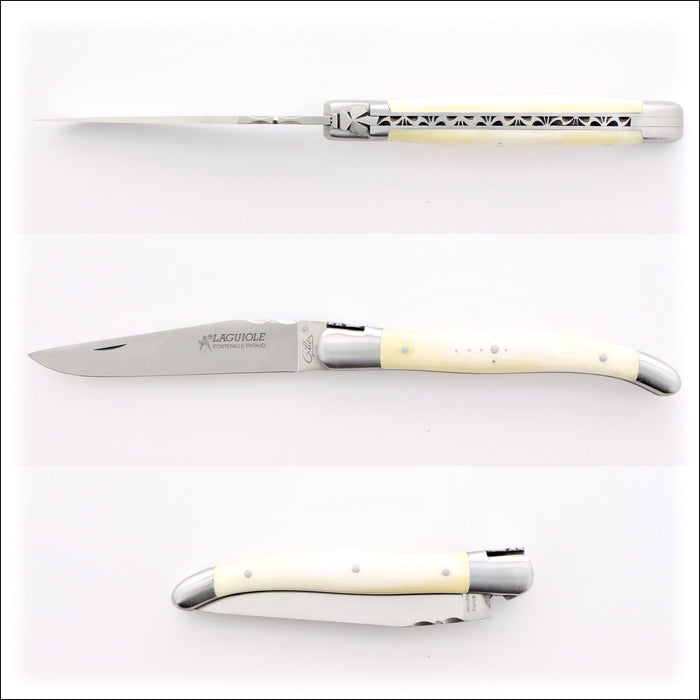 Laguiole Traditional 12 cm Knife Cattle Bone, side view of open blade and closed handle. Handcrafted details, 100% Made in France.