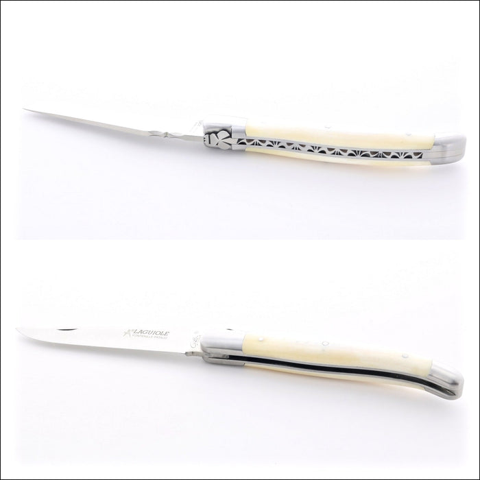 Laguiole Traditional 12 cm Knife Cattle Bone, close-up of the elegant cream handle and polished blade. Handcrafted details, 100% Made in France.