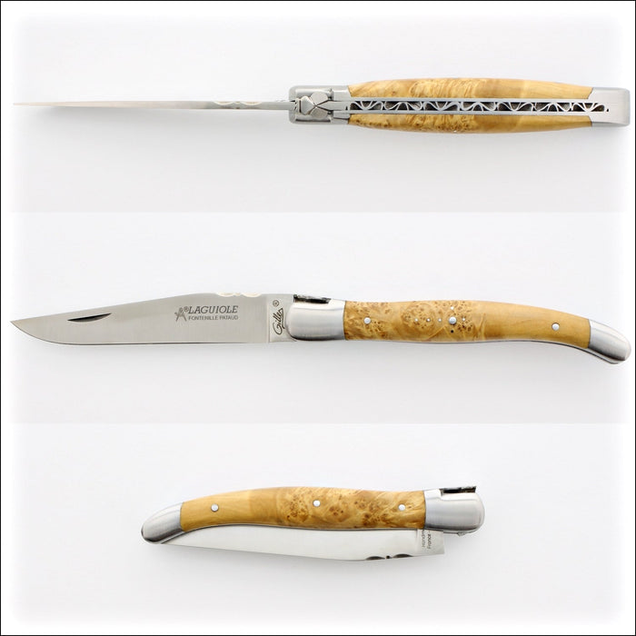 Laguiole Traditional 12 cm Knife Maple Burl, side view of open and closed knife. Handcrafted details, 100% Made in France.