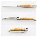 Laguiole Traditional 12 cm Knife Maple Burl, side view of open and closed knife. Handcrafted details, 100% Made in France.