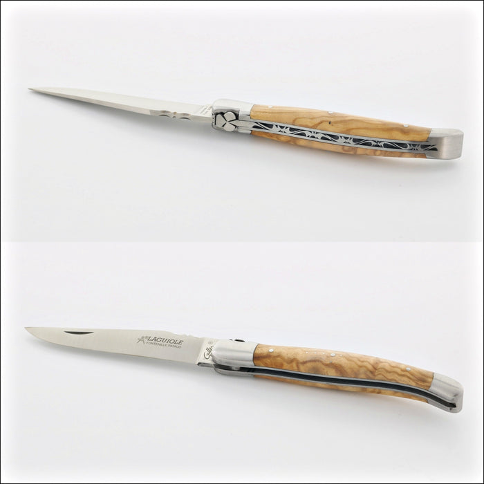 Laguiole Traditional 12 cm Knife Olive Wood, open and closed side views. Handcrafted details, 100% Made in France.