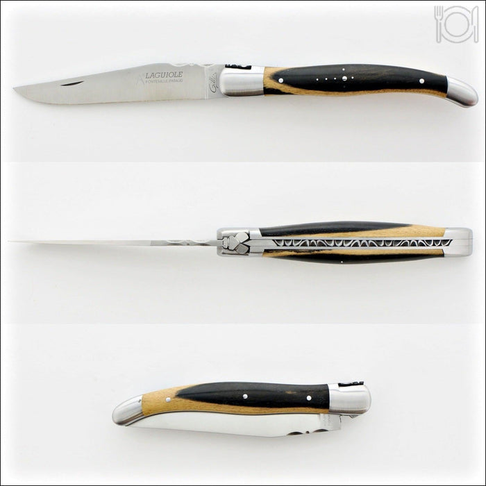 Laguiole Traditional 12 cm Knife Royal Ebony, top, side, and closed views. Handcrafted details, 100% Made in France.