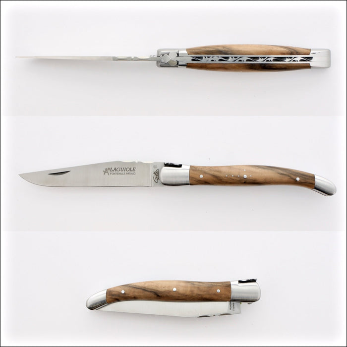 Laguiole Traditional 12 cm Knife Walnut, top-down view of open blade and closed handle. Handcrafted details, 100% Made in France.