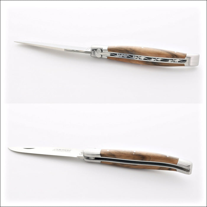 Laguiole Traditional 12 cm Knife Walnut, open and closed side views. Handcrafted details, 100% Made in France.