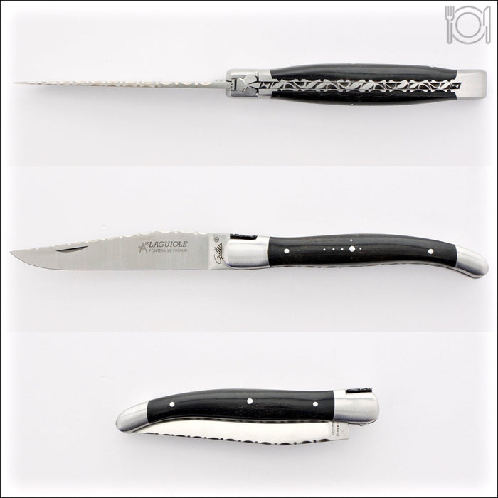 Laguiole Traditional Knife 12 cm Guilloche Ebony. Side view of open knife with serrated blade & closed knife. Handcrafted details, 100% Made in France.