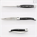 Laguiole Traditional Knife 12 cm Guilloche Ebony. Side view of open knife with serrated blade & closed knife. Handcrafted details, 100% Made in France.
