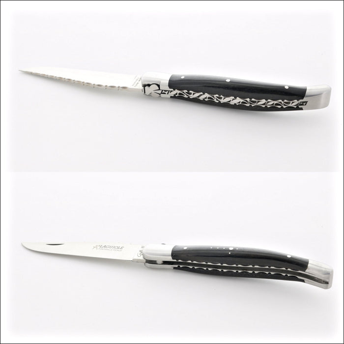 Laguiole Traditional Knife 12 cm Guilloche Ebony, top-down view of open and closed knife. Handcrafted details, 100% Made in France.