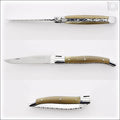 Laguiole Traditional Knife 12 cm Guilloche Light Horn Tip, side view of open and closed knife. Handcrafted details, 100% Made in France.
