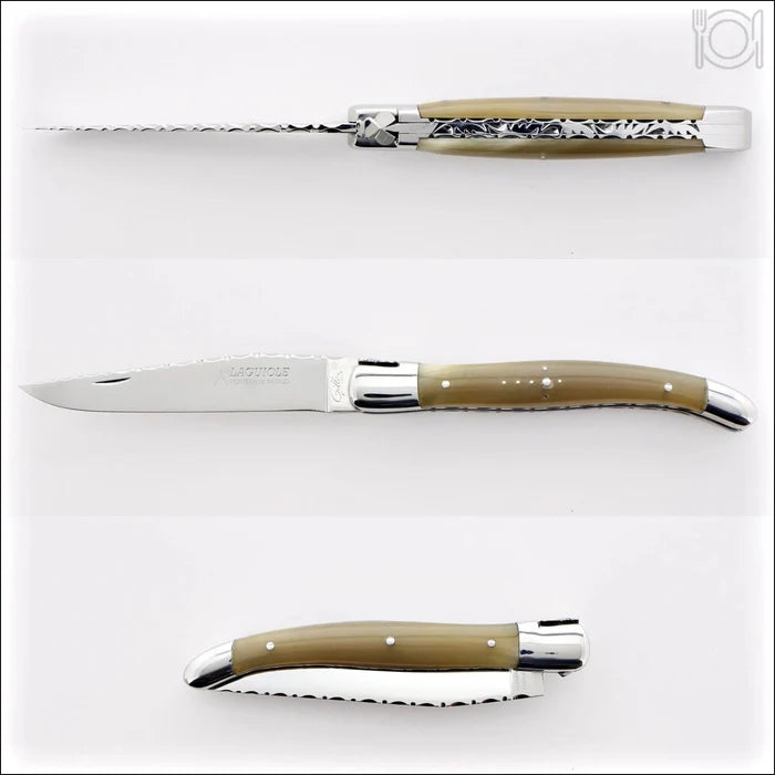 Laguiole Traditional Knife 12 cm Guilloche Light Horn Tip, side view of open and closed knife. Handcrafted details, 100% Made in France.