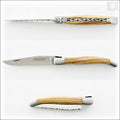 Laguiole Traditional Knife 12 cm Guilloche Olivewood, close-up of the blade and handle. Handcrafted details, 100% Made in France.
