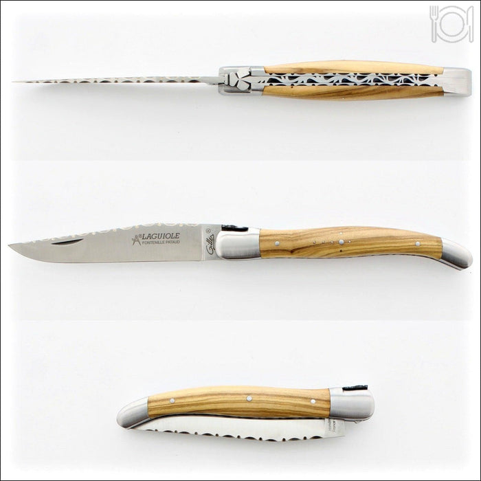 Laguiole Traditional Knife 12 cm Guilloche Olivewood, close-up of the blade and handle. Handcrafted details, 100% Made in France.