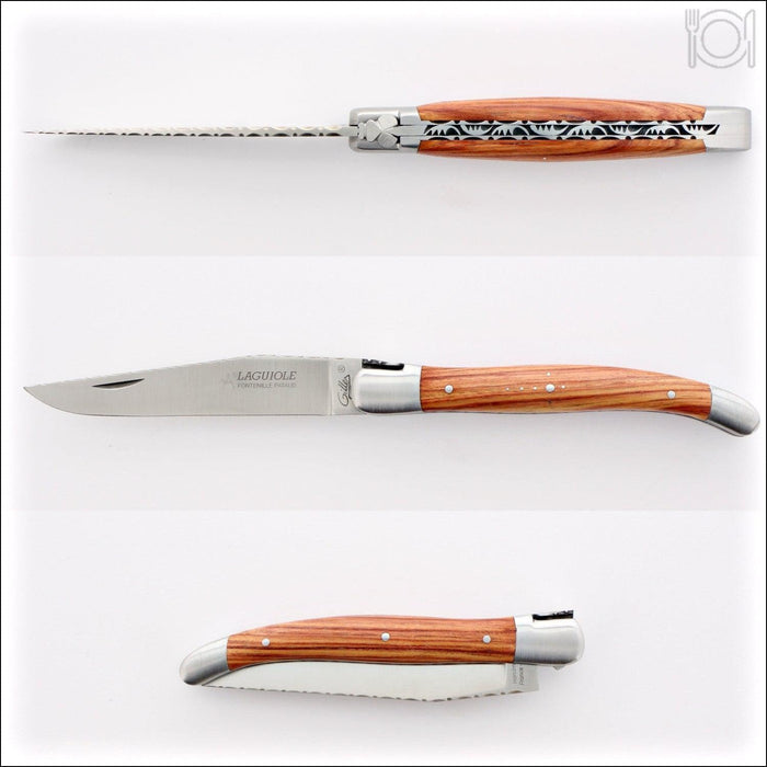 Laguiole Traditional Knife 12 cm Guilloche Rosewood, side view of open blade and handle. Handcrafted details, 100% Made in France.