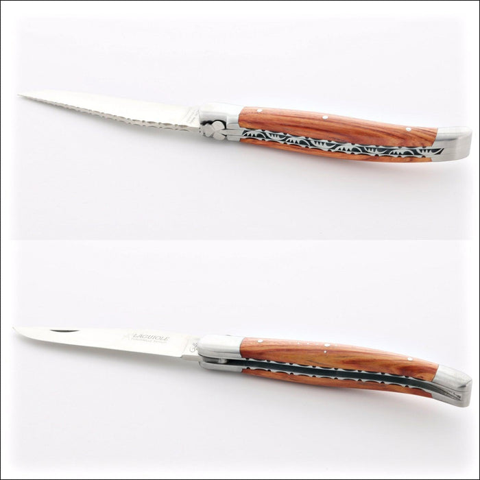 Laguiole Traditional Knife 12 cm Guilloche Rosewood, open and closed, showing serrated blade and rosewood handle. Handcrafted details, 100% Made in France.