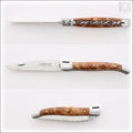 Laguiole Traditional Knife 12 cm Guilloche Thuya Burl, close-up of open and closed knife with detailed handle. Handcrafted details, 100% Made in France.