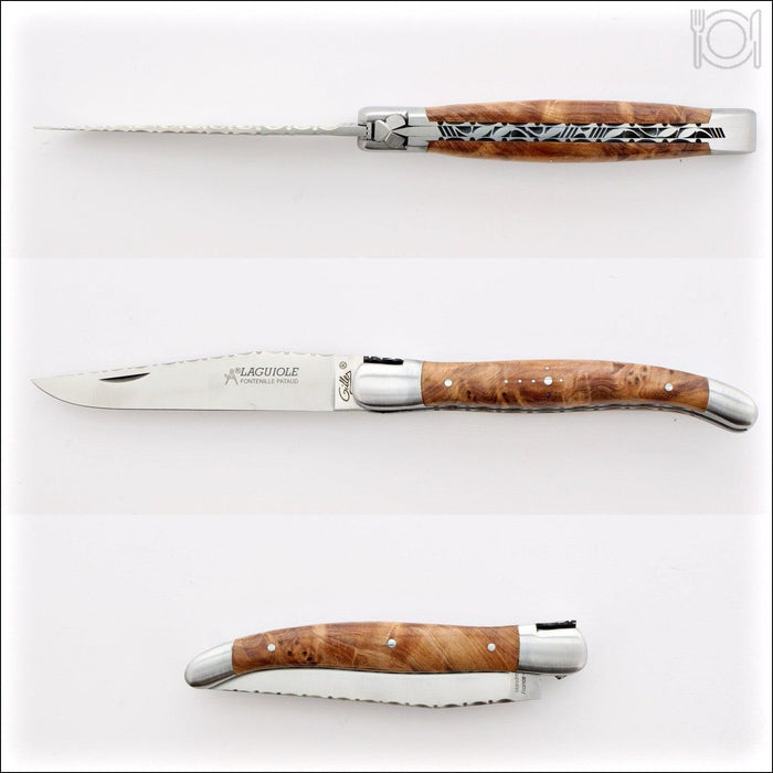 Laguiole Traditional Knife 12 cm Guilloche Thuya Burl, close-up of open and closed knife with detailed handle. Handcrafted details, 100% Made in France.