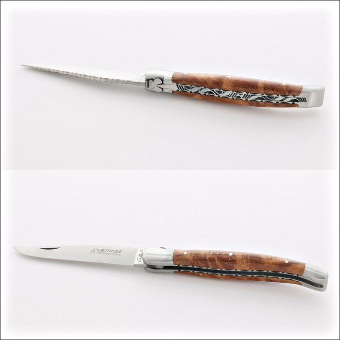 Laguiole Traditional Knife 12 cm Guilloche Thuya Burl, close-up of the handle and serrated blade. Handcrafted details, 100% Made in France.